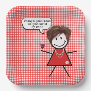 Stick Girl With Wine Glass On Gingham Paper Plate
