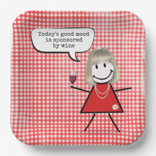 Stick Girl With Wine Glass On Gingham Paper Plate