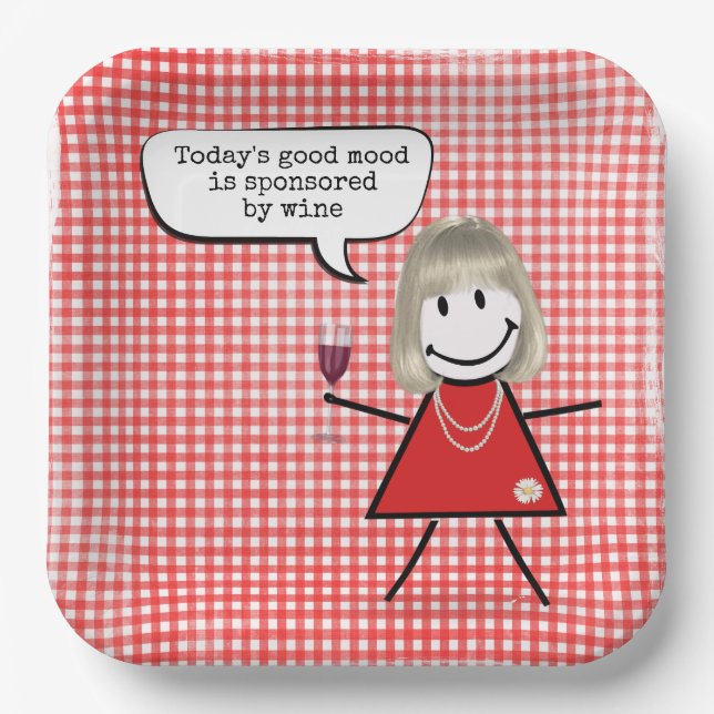Stick Girl With Wine Glass On Gingham Paper Plate (Front)