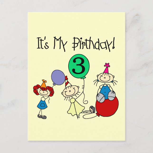 Stick Kids Party 3rd Birthday Tshirts and gifts Invitation Postcard (Front)