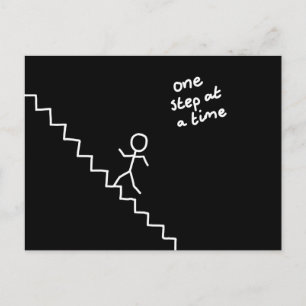Stick man on the stairs "one step..." postcard