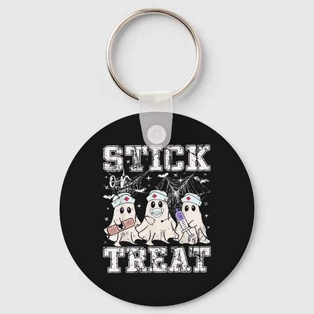 Stick Or Treat Ghost Phlebotomy Tech Nurse Hallowe Key Ring (Front)