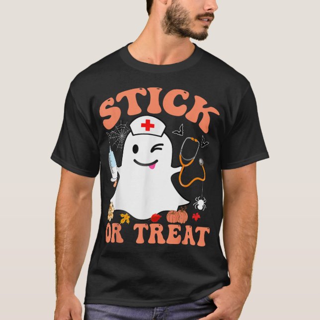 Stick Or Treat Nurse Halloween Costume T-Shirt (Front)