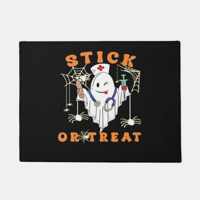 Stick or Treat Nurse Spooky Nurse Costume Funny Ha Doormat (Front)
