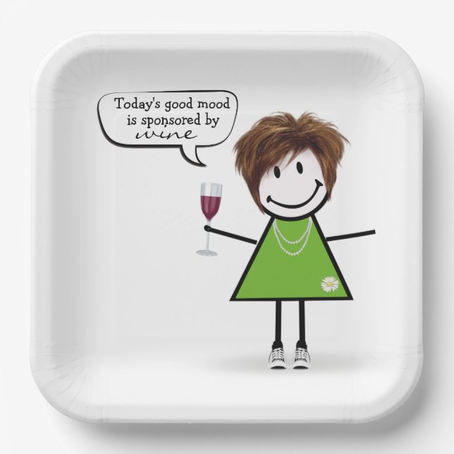 Stick Party Girl with Red Wine  Paper Plate (Front)