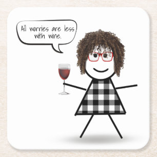 Stick Party Girl with Wine Quote  Square Paper Coaster