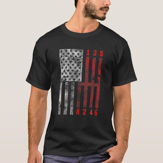 Stick Shift American Flag Muscle Car 6 Gears Mecha T-Shirt (Front)