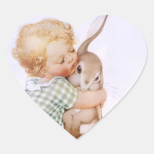 Sticker Antique Adorable Easter Bunny hugs