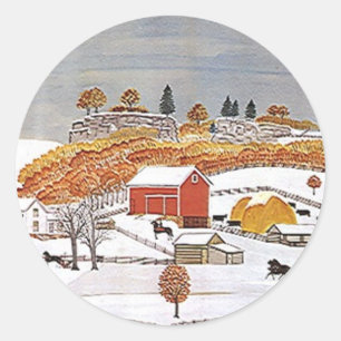 Sticker Antique Folkart Rural Farm Red Barn Winter