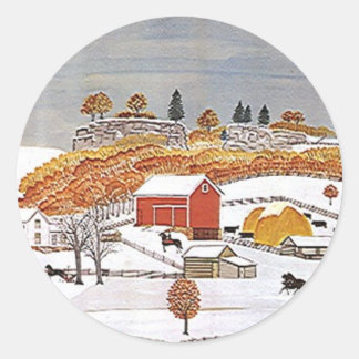 Sticker Antique Folkart Rural Farm Red Barn Winter