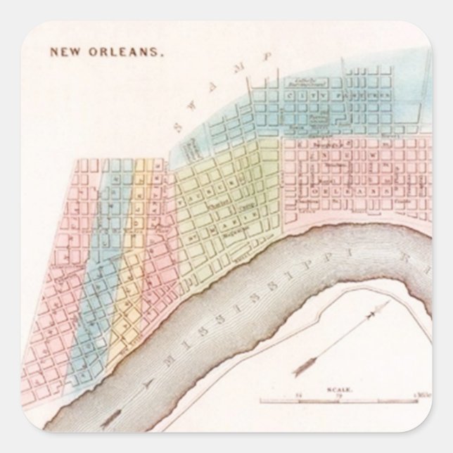 Sticker Antique New Orleans NOLA Map Pastel Shades (Front)