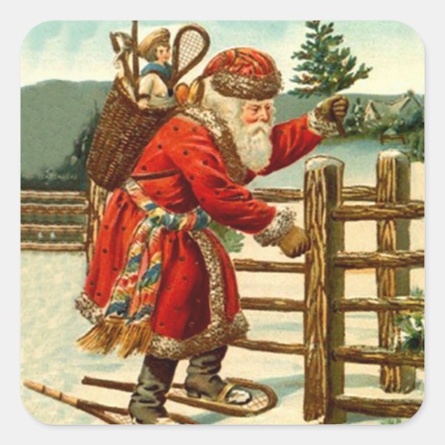 Sticker Antique Santa Claus Christmas Snowshoeing (Front)