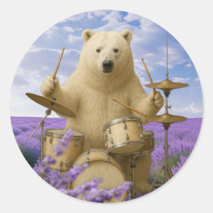 Sticker: Bear Playing Drums with Floral Design Classic Round Sticker
