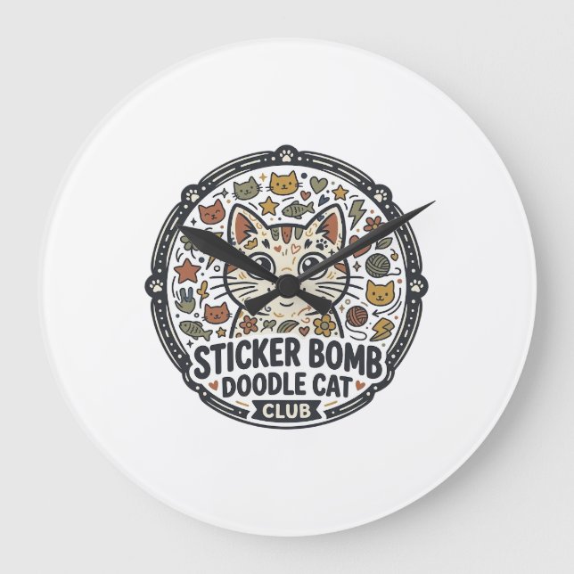 Sticker Bomb Doodle Cat POD Vector Art - Sticker B Large Clock (Front)
