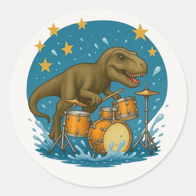 Sticker: Dinosaur Playing Drums with Stars Classic Round Sticker (Front)