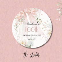 STICKER Elegant Pink Bow Floral 100th Birthday