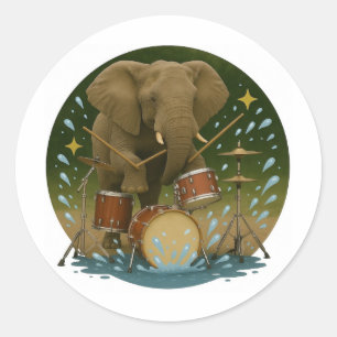 Sticker: Elephant Playing Drums in a Water Tub Classic Round Sticker