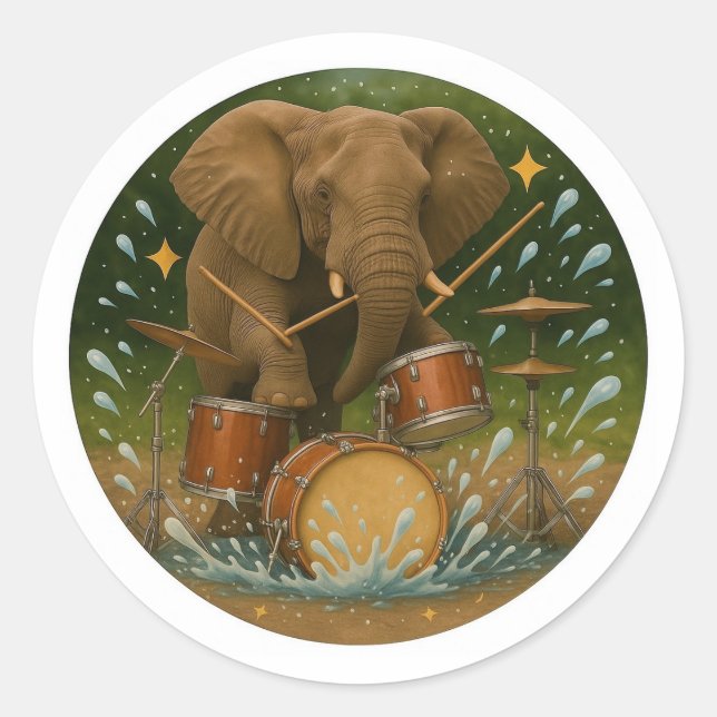 Sticker: Elephant Playing Drums in a Water Tub Classic Round Sticker (Front)