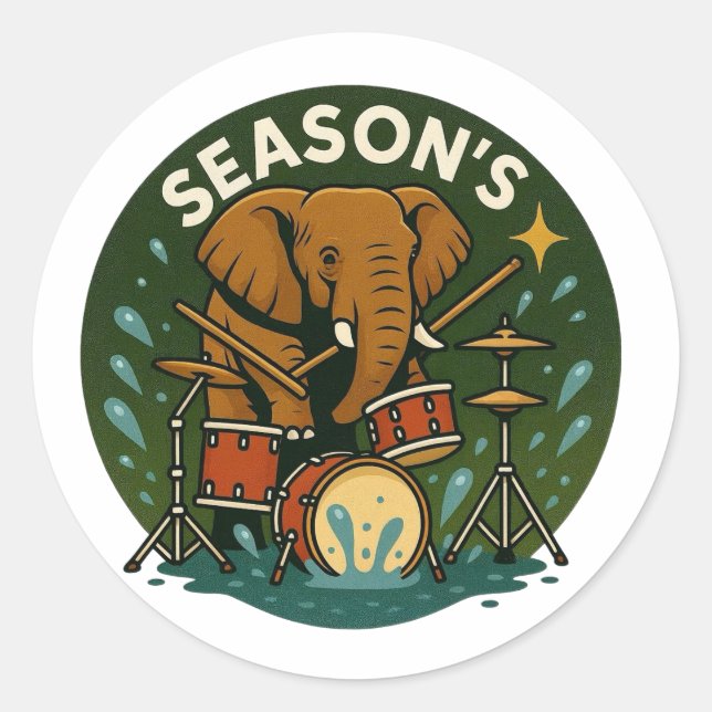 Sticker: Elephant Playing Drums in a Water Tub Classic Round Sticker (Front)