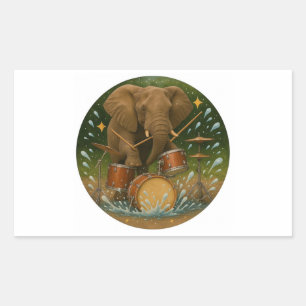 Sticker: Elephant Playing Drums in a Water Tub Rectangular Sticker