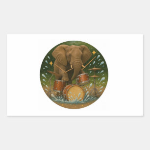 Sticker: Elephant Playing Drums in a Water Tub Rectangular Sticker