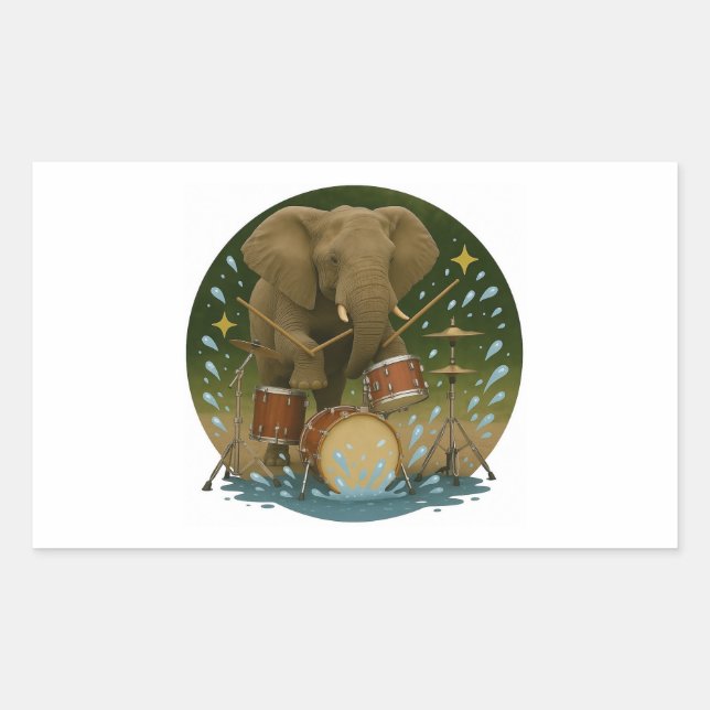 Sticker: Elephant Playing Drums in a Water Tub Rectangular Sticker (Front)