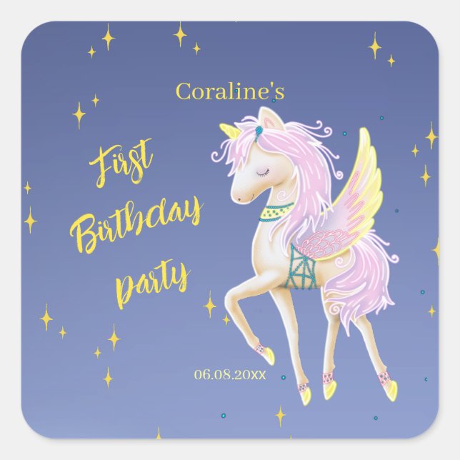 Sticker for the first birthday with gentle unicorn (Front)