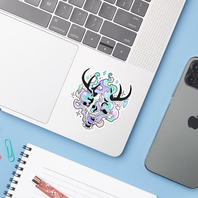 Sticker - "Horned Skull and Smoke" (Laptop w/ iPhone)