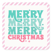 Sticker in Mint + Pink Merry Christmas, striped
