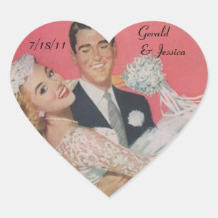 Sticker Retro Couple Marriage Wedding Heart Date