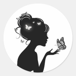 Sticker Rond La femme papillons blancs