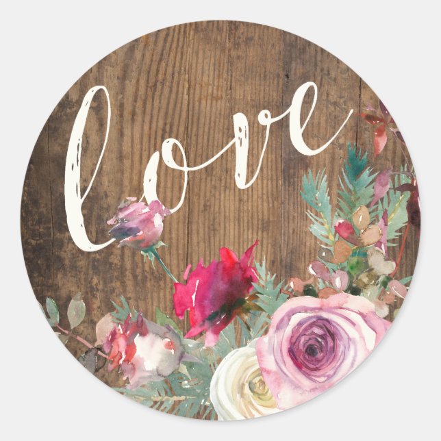 STICKER | Rustic Wood Love Floral Lights Wedding (Front)