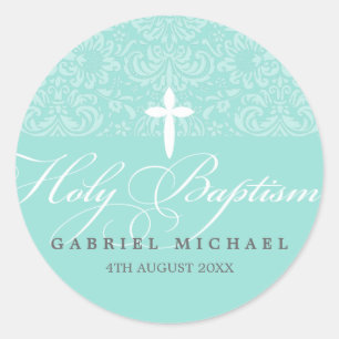 STICKER SEAL holy baptism lovely script type aqua