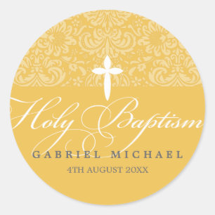STICKER SEAL holy baptism lovely script yellow