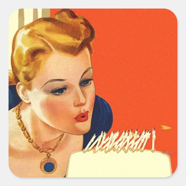 Sticker Vintage Birthday Gal Blowing Cake Candles (Front)