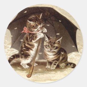 Sticker Vintage Cats play under umbrella kittens