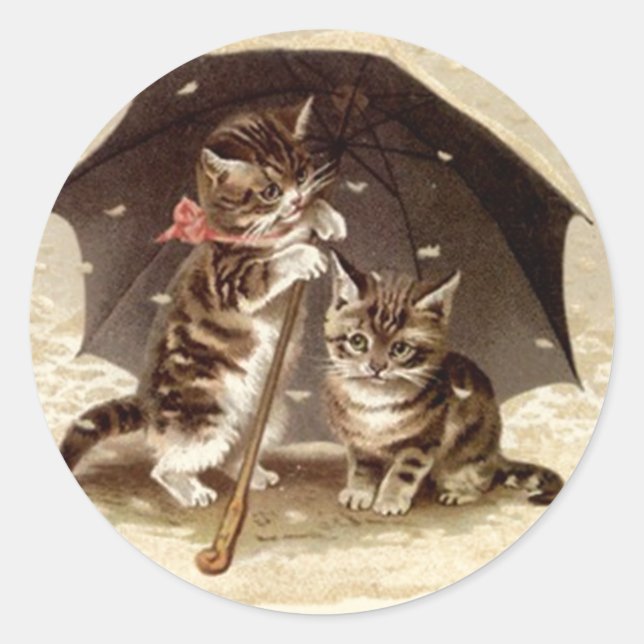 Sticker Vintage Cats play under umbrella kittens (Front)