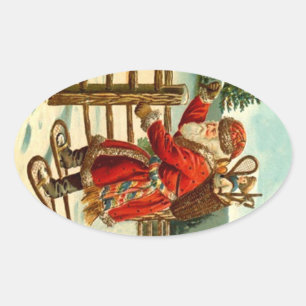 Sticker Vintage Christmas Santa On Snowshoes Gift