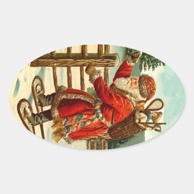 Sticker Vintage Christmas Santa On Snowshoes Gift (Front)