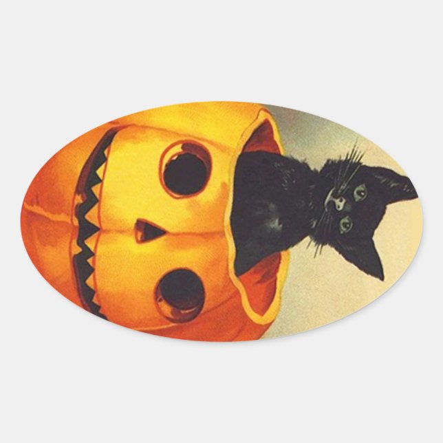 Sticker Vintage Halloween Black Kitten in JOL Cat (Front)