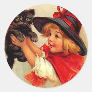 Sticker Vintage Halloween Black Kitten Lil Witch