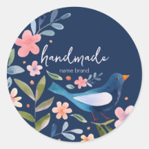 Sticker with birds and flowers on dark blue backgr