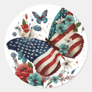 Sticker with Red White & Blue Butterfly & Flowers