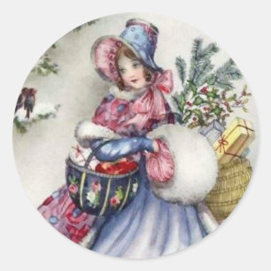 Stickers - Christmas shopping lady vintage robin