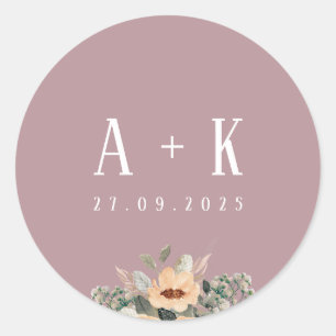 Stickers, Elegant floral pink monogram Classic Round Sticker