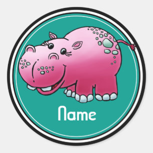 Stickers, Name Template, Cute Hippo Cartoon Classic Round Sticker