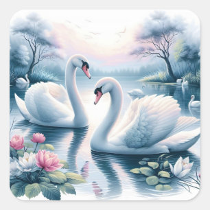 Stickers - Swans in a Tranquil Waterlily Pond