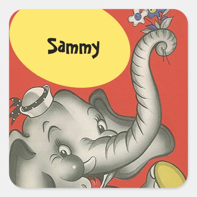 STICKERS Vintage Cute Elephant Square Name Tagging (Front)