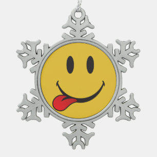 Sticking out tongue emoji snowflake pewter christmas ornament