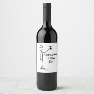 Stickman "Look what I can do" funny black  white Wine Label